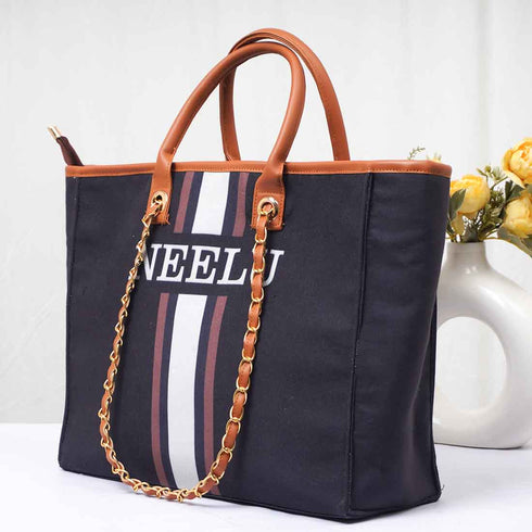 Black & White Strap Personalised Luna Handbag - Uncommongifts.in