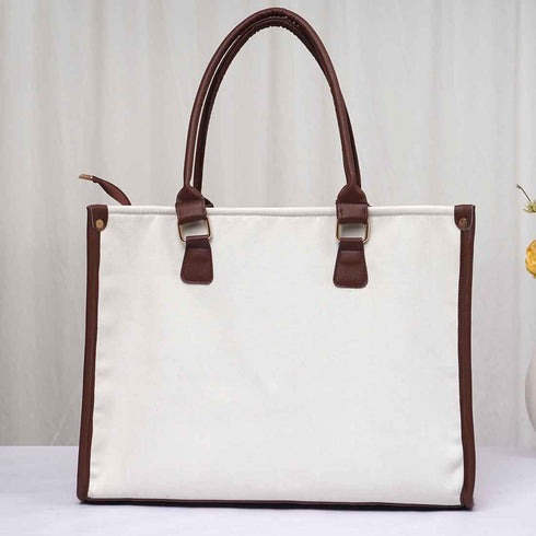 White & Brown PU Leather Customised Box Bag - Uncommongifts.in