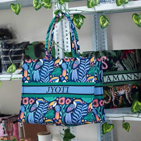 Blue Bird Printed Customised Box Tote Bag - Uncommongifts.in