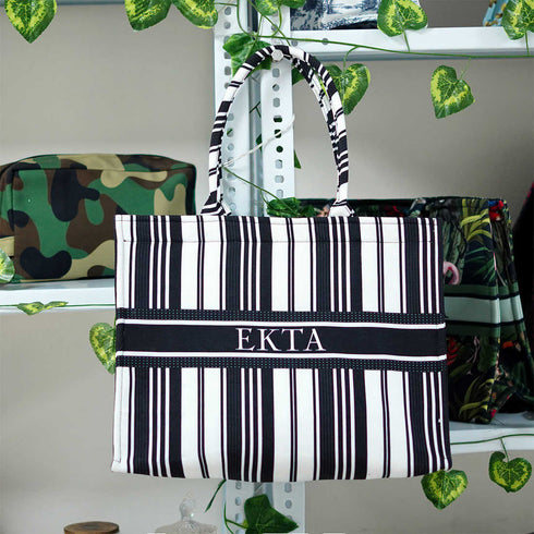 Black & White Stripes Printed Customised Box Tote Bag - Uncommongifts.in