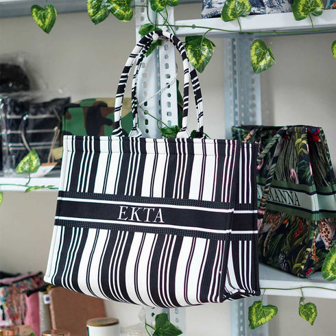 Black & White Stripes Printed Customised Box Tote Bag - Uncommongifts.in