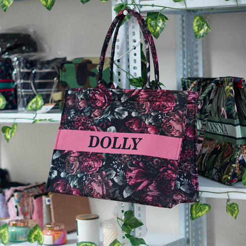 Pink Roses Stripes Printed Customised Box Tote Bag - Uncommongifts.in