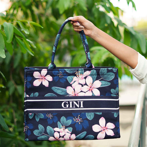 Pinky Floral Printed Customised Box Tote Bag - Uncommongifts.in