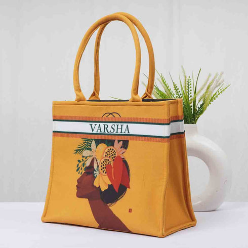 Personalised Yellow Girl Printed Box Tote Bag - Uncommongifts.in