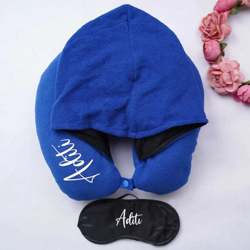 Personalised Travel Hoodie Neck Pillow with Eye Mask Combo