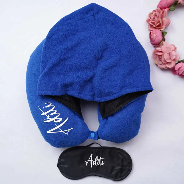 Personalised Travel Hoodie Neck Pillow with Eye Mask Combo