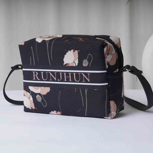 Black Floral Printed Personalised Sling Bag - Uncommongifts.in