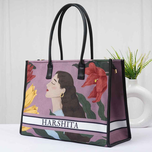 Personalised Beautiful Girl Floral Printed Box Tote Bag - Uncommongifts.in
