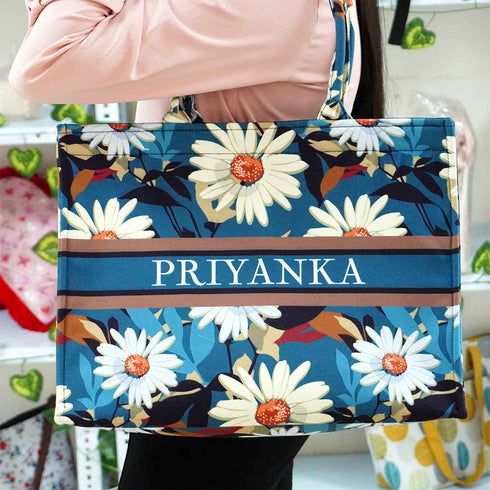 Blue Daisy Flower Printed Customised Box Tote Bag - Uncommongifts.in