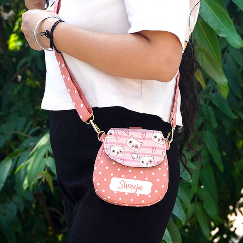 Personalised Cat Face Printed Sling Bag for Kids