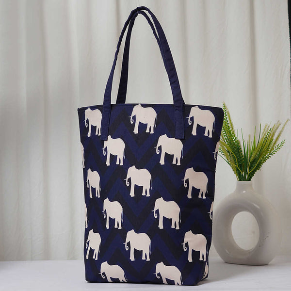 Elephants Blue Printed Oversized Shopper Tote Bag - Uncommongifts.in