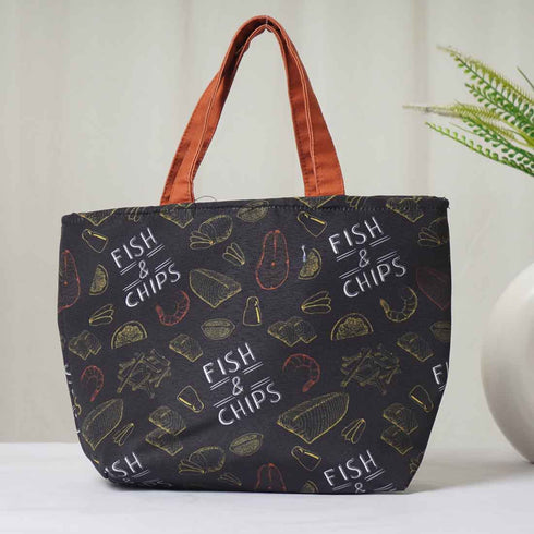 Fish & Chips Printed Lunch Bag With Handle - Uncommongifts.in