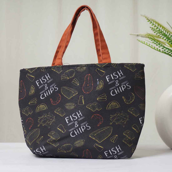 Fish & Chips Printed Lunch Bag With Handle - Uncommongifts.in
