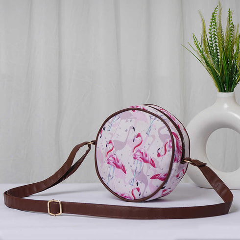 Flamingo Printed Round Structured Sling Bag - Uncommongifts.in
