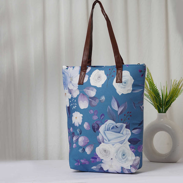 Floral Blue Printed Oversized Shopper Tote Bag - Uncommongifts.in