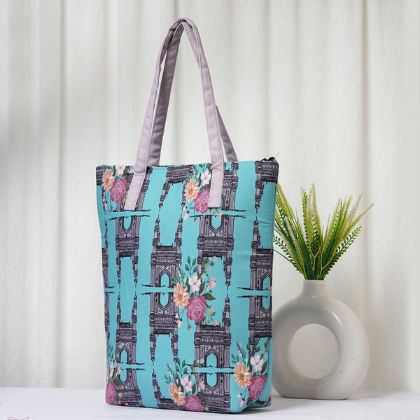 Floral Blue Printed Oversized Shopper Tote Bag - Uncommongifts.in