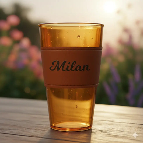 Personalized Glass Sipper with Leather Sleeve - Brown