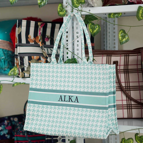 Green Geometric Printed Customised Box Tote Bag - Uncommongifts.in