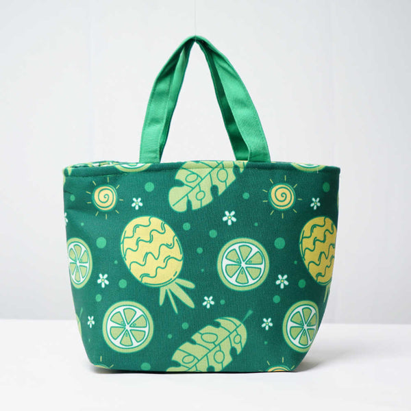 Green Printed Canvas Lunch Bag With Handle