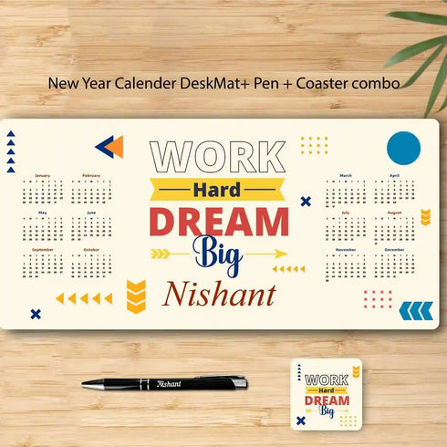 Personalized New Year Calendar DeskMat with Pen & Coaster Combo