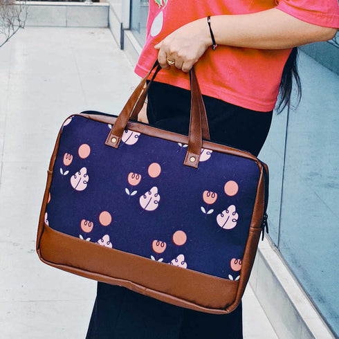 Black Printed Canvas and PU Laptop Bag Fit 15.6 Inch Laptop