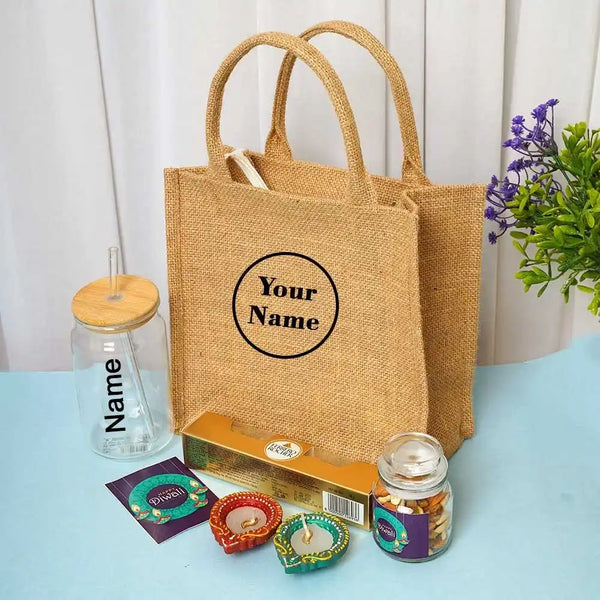 Jute Bag with Glass Tumbler Diwali Gift Combo