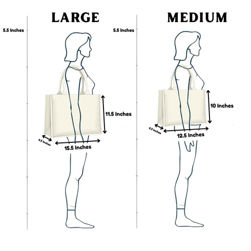 Illustration showing the dimensions of a tote bag for large and medium sizes on a white background.