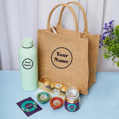 Matte Finish Water Bottle with Jute Bag Diwali Combo