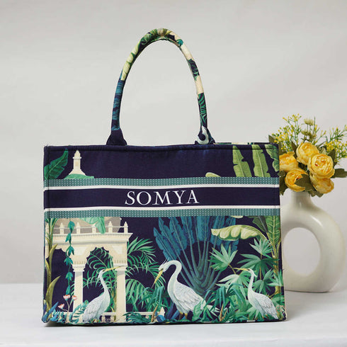 Navy Blue Bird Printed Box Tote Bag - Uncommongifts.in
