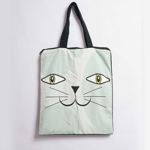 Pastel Green Cat Printed Tote Bag
