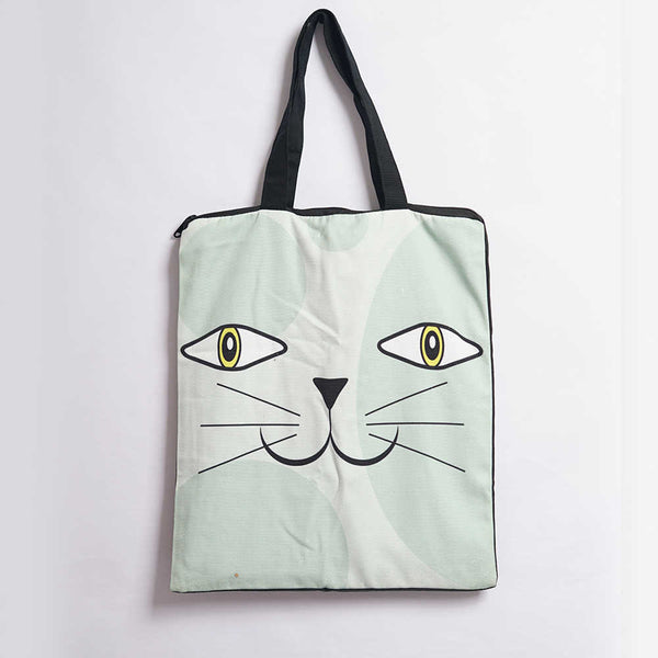 Pastel Green Cat Printed Tote Bag
