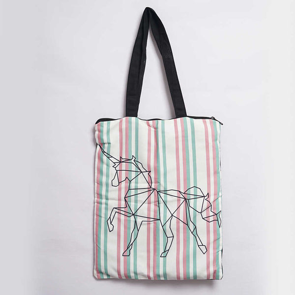Pastel Stripes Unicorn Printed Tote Bag