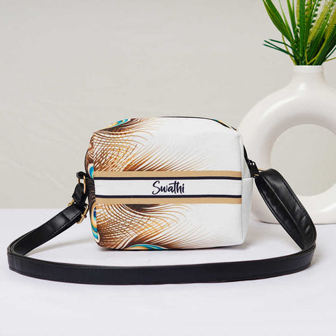 Peacock Feather Printed Personalised Sling Bag