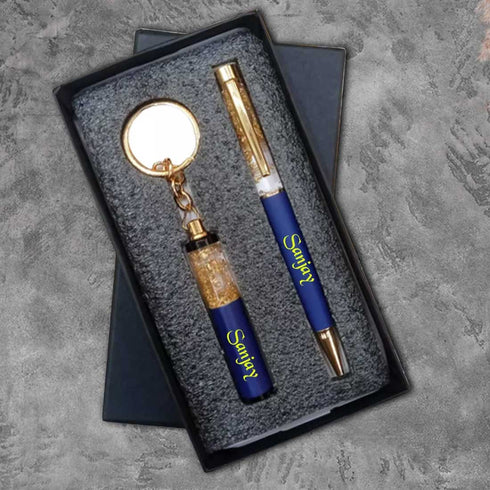 Personalized Pen Keychain Combo Gift Set - Blue - Uncommongifts.in