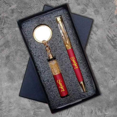Personalized Pen Keychain Combo Gift Set - Red - Uncommongifts.in