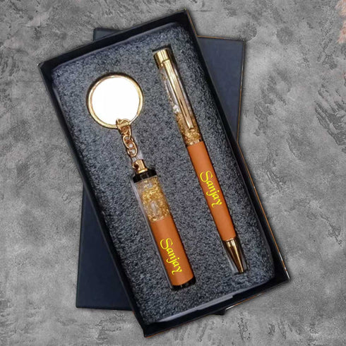Personalized Pen Keychain Combo Gift Set - Tan - Uncommongifts.in