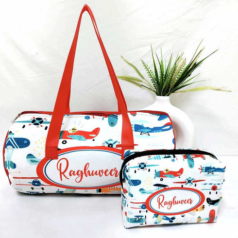 Personalised Airplane Duffle Bag & Box Pouch Kids Combo