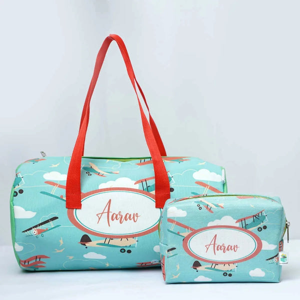 Personalised Airplane Duffle Bag with Box Pouch Combo Gift Set