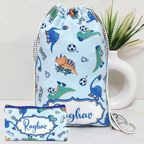 Personalised Animals Drawstring Bag & Pencil Pouch Kids Combo