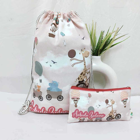 Personalised Animals Drawstring Bag & Pencil Pouch Kids Combo