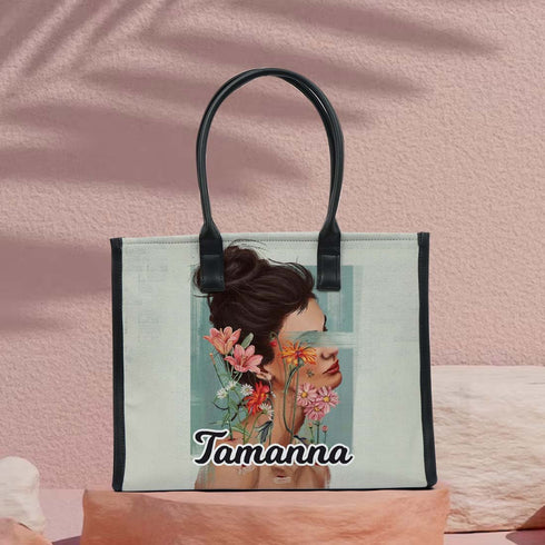 Personalised Beautiful Girl Floral Printed Box Tote Bag - Uncommongifts.in