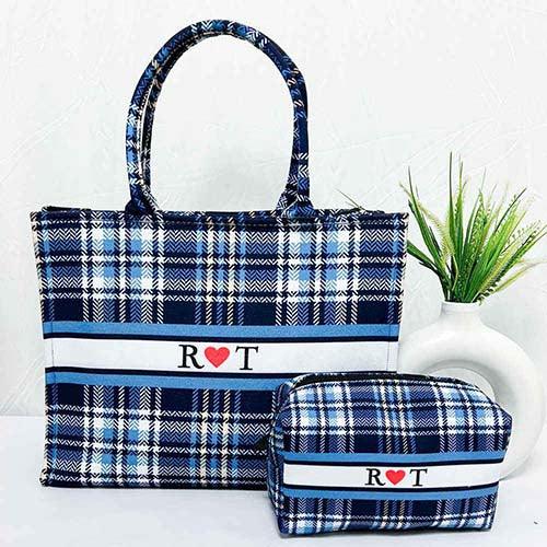 Personalised Blue Check Printed Box Bag Combo Gift Set