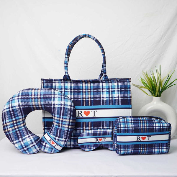 Personalised Blue Check Printed Box Bag Combo Gift Set