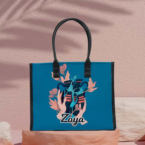 Personalised Blue Printed Box Tote Bag - Uncommongifts.in