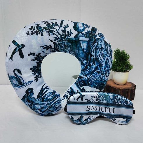 Personalised Blue Printed Neck Pillow & Eye Mask Combo Gift Set