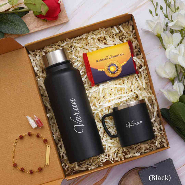 Personalised Bottle And Cup With Rakhi Combo Gift Set
