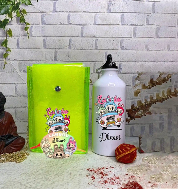 Personalised Bottle with Jelly Sling Bag Rakhi Combo for Kids