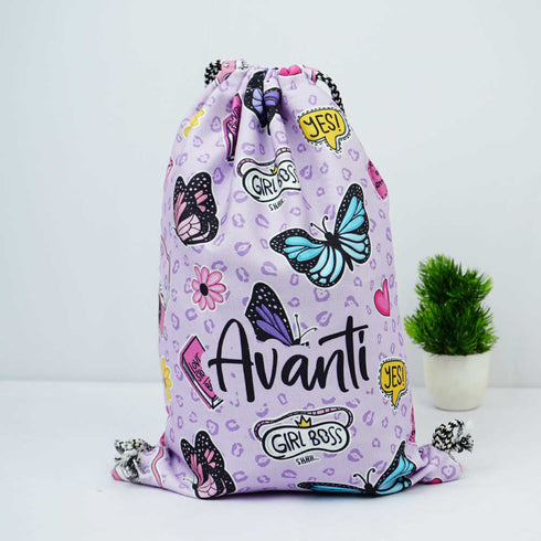 Personalised Butterfly Printed Kids Drawstring Bag