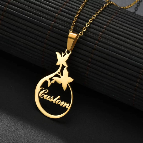 Personalised Butterfly & Round Design Pendant - Uncommongifts.in