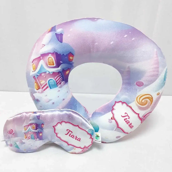 Personalised Candy Printed Neck Pillow with Eye Mask Combo for Kids